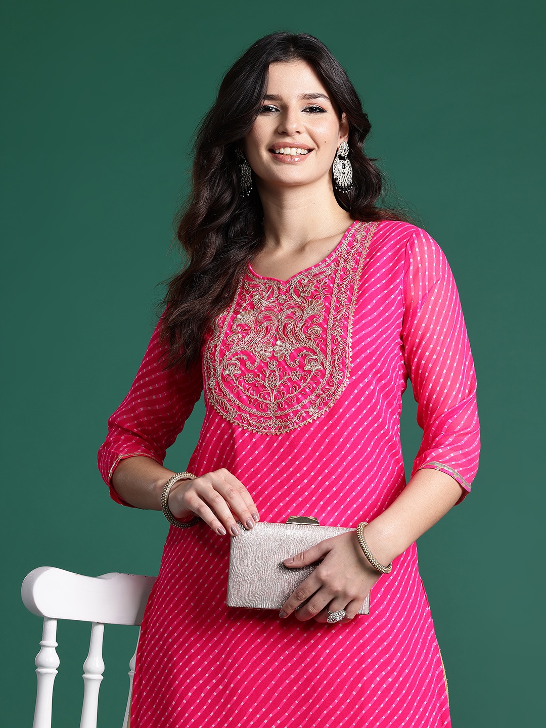 

Indo Era Leheriya Printed Indie Printed Georgette Kurta, Pink