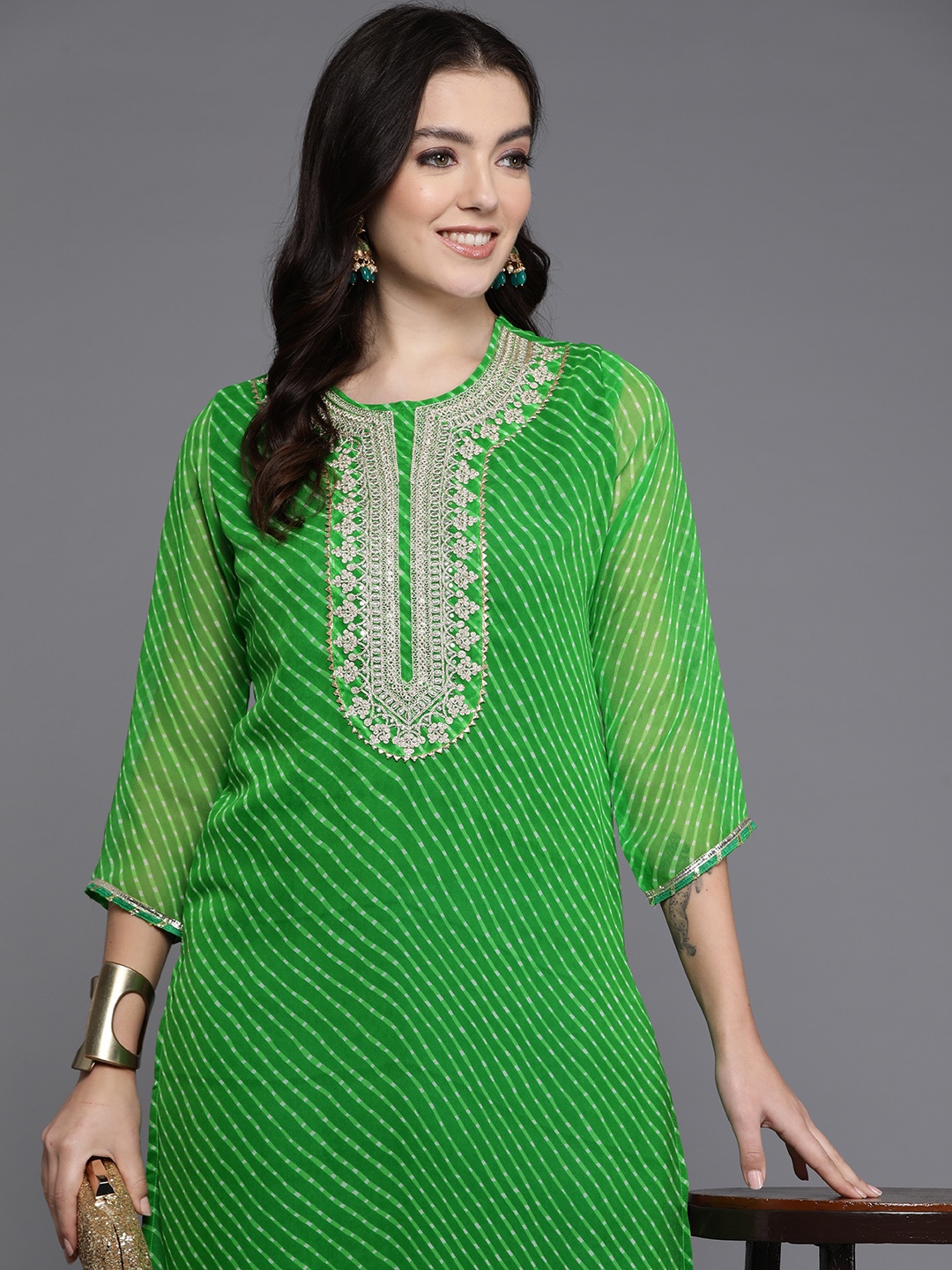 

Indo Era Leheriya Printed Gotta Patti Georgette Kurta, Green
