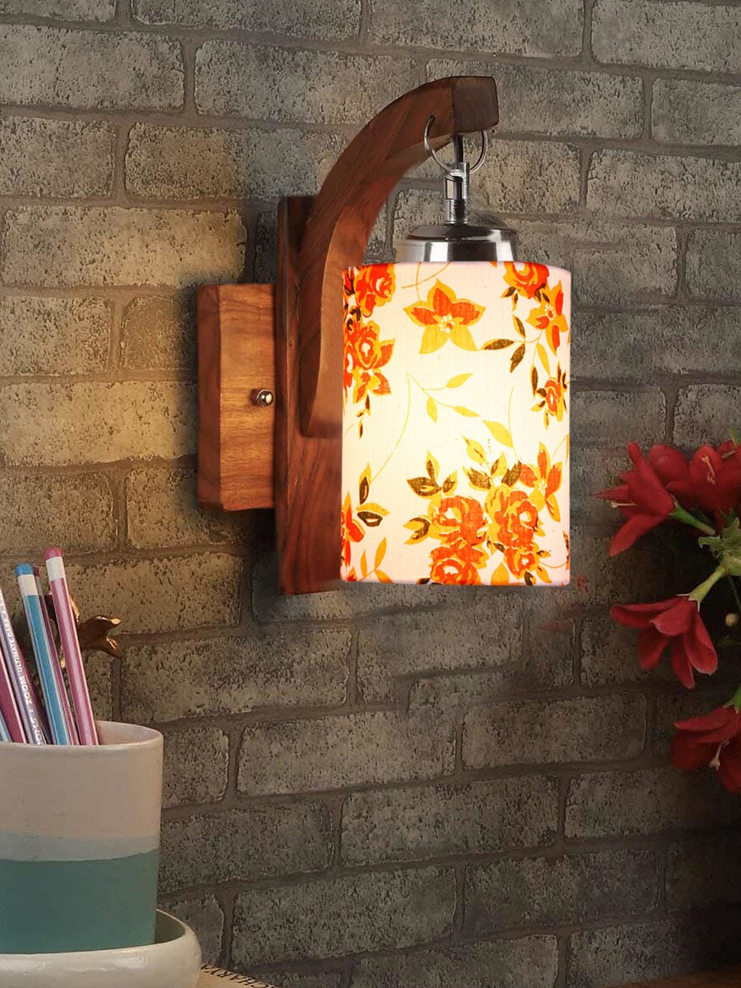 

Devansh Blue & Brown Wooden Printed Cylinder Shaped Wall Lamp, White
