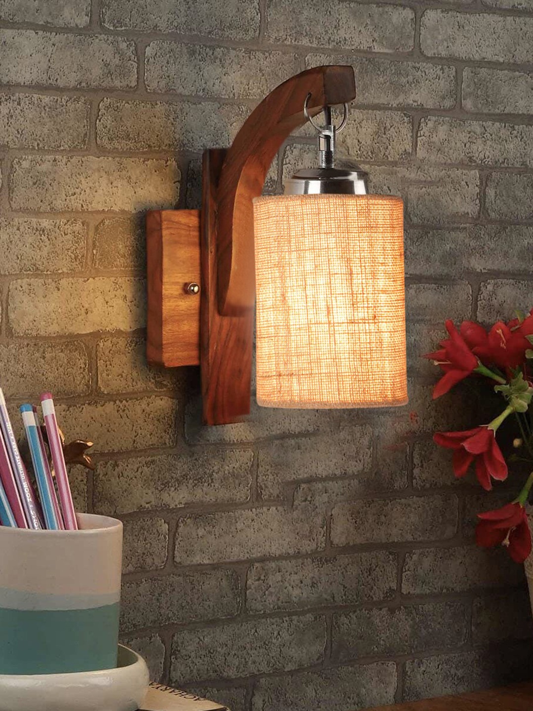 

Devansh Beige & Brown Wooden Cylinder Shaped Wall Lamp