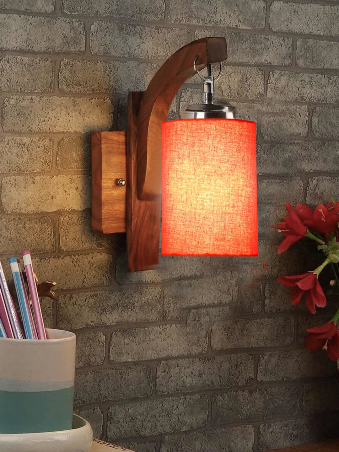 

Devansh Orange & Brown Wooden Cylinder Shaped Wall Lamp