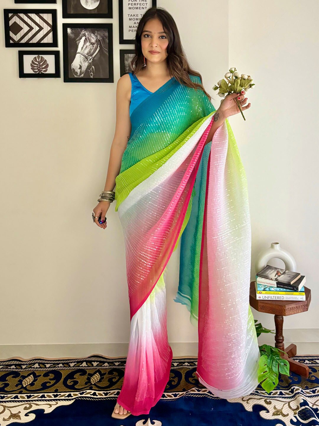 

Anouk Embellished Sequinned Pure Georgette Designer Saree, Green