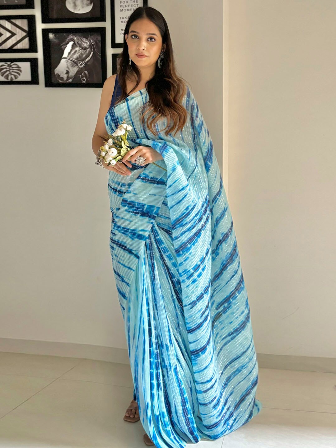 

Anouk Tie and Dye Sequinned Pure Georgette Designer Saree, Blue