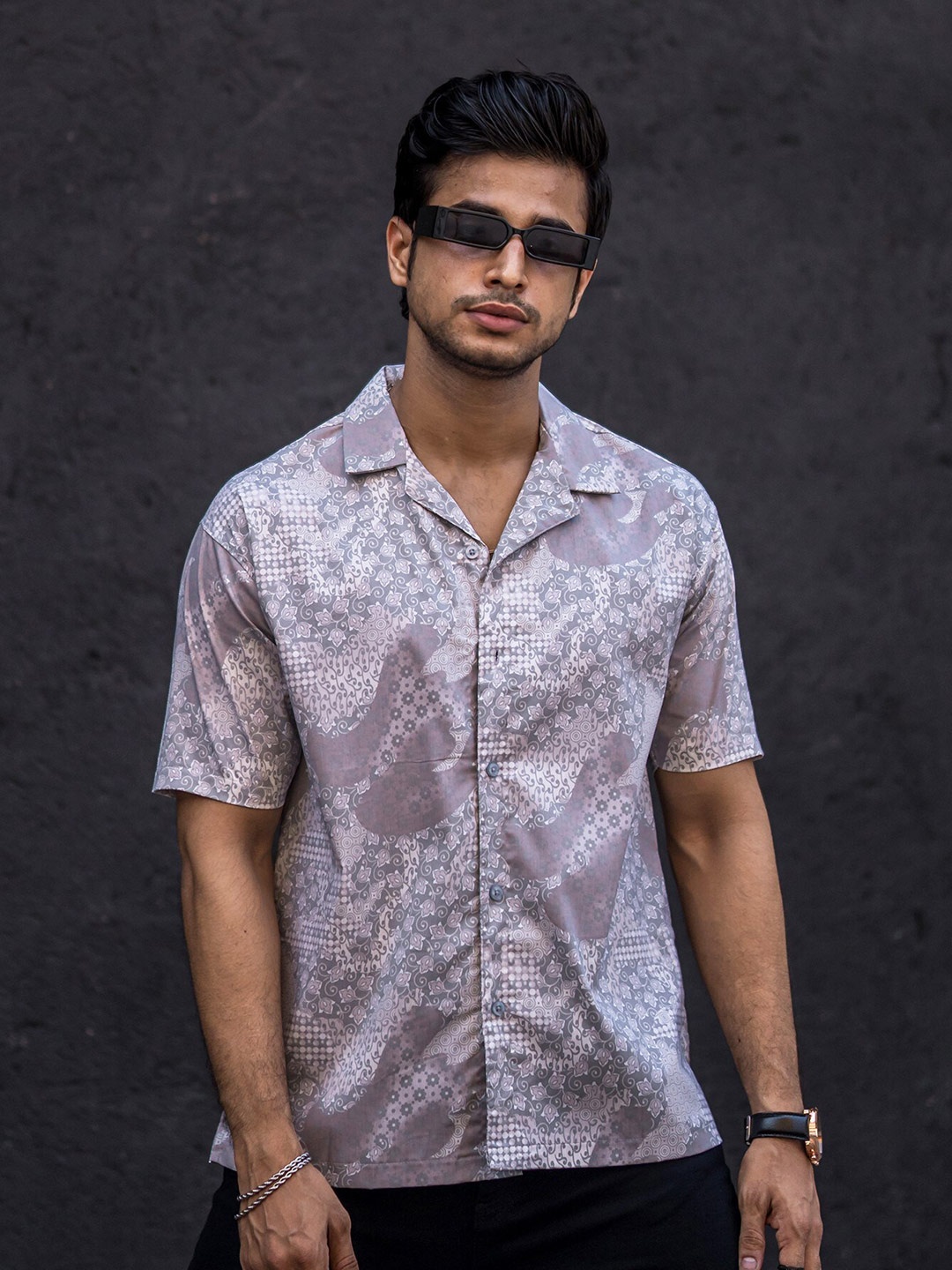 

Maniac Classic Printed Cotton Spread Collar Oversized Casual Shirt, Grey