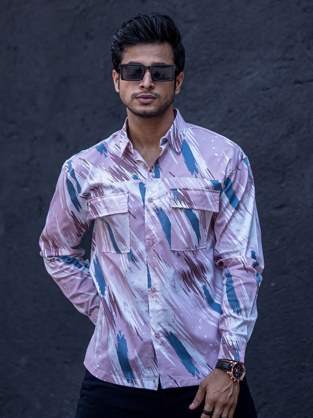 

Maniac Classic Abstract Spread Collar Chest Pocket Full Sleeve Cotton Casual Shirt, Pink