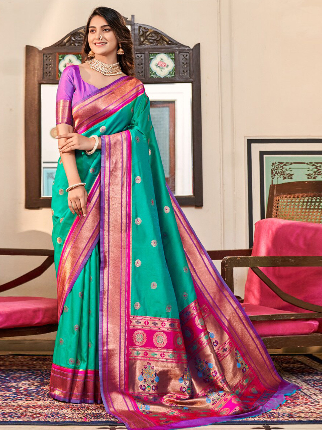 

NK Textiles Ethnic Motif Woven Design Paithani Saree, Sea green