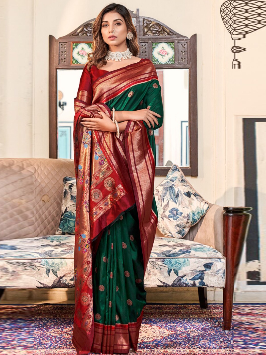 

NK Textiles Ethnic Motif Woven Design Paithani Saree, Green