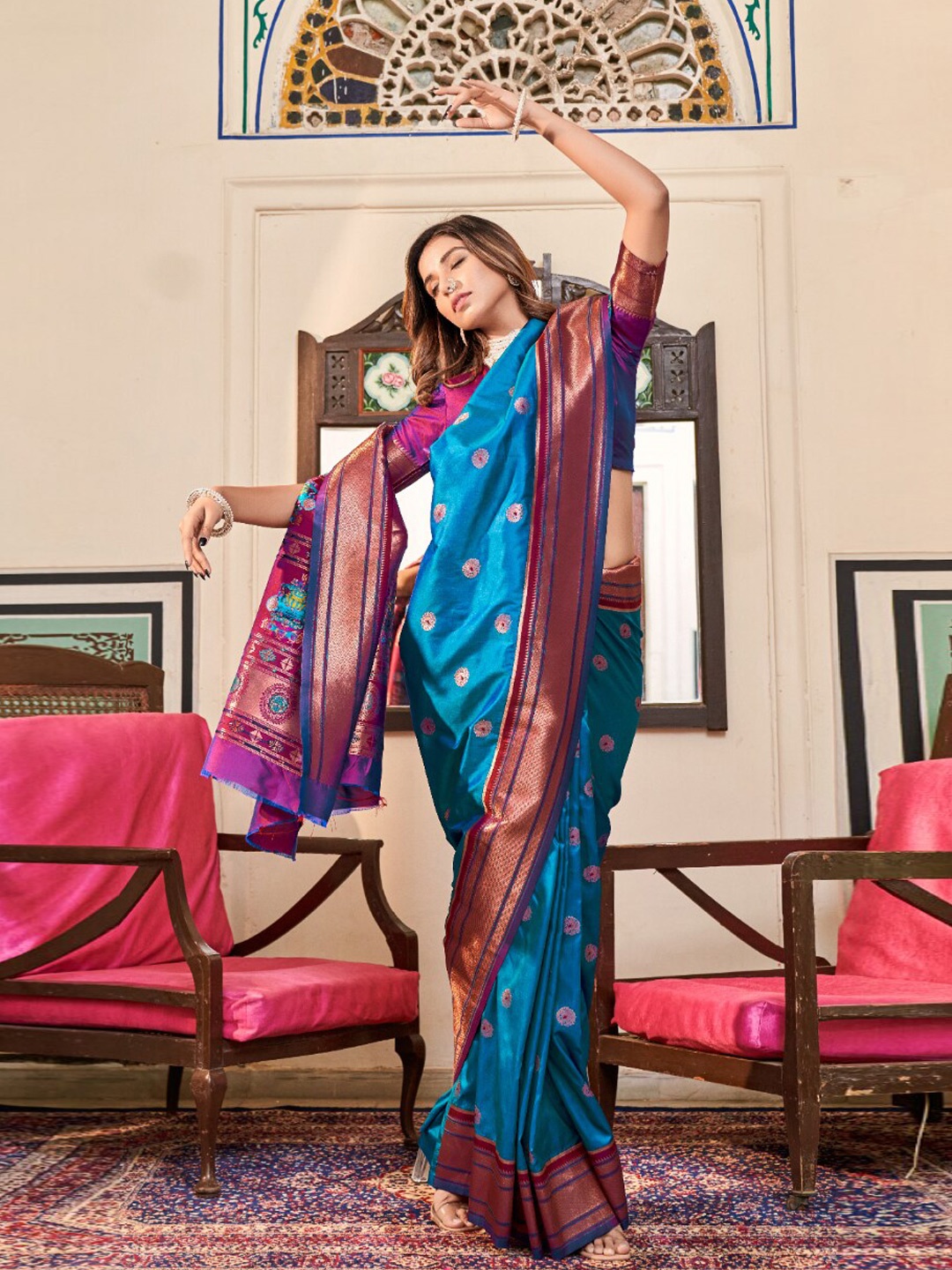 

NK Textiles Ethnic Motif Woven Design Paithani Saree, Turquoise blue