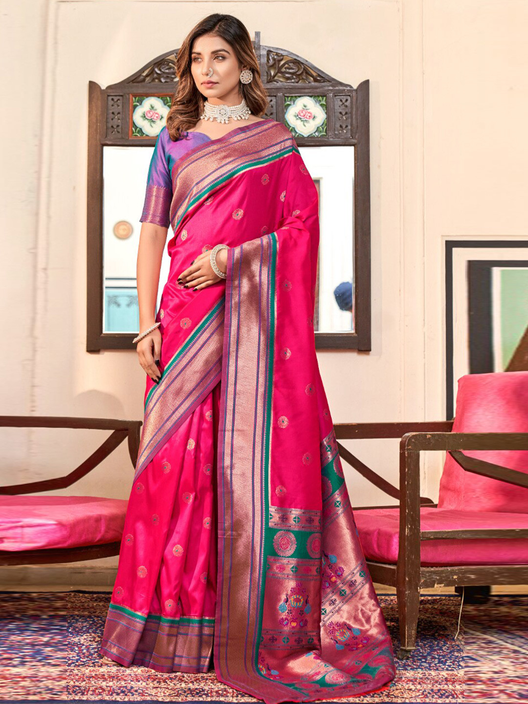 

NK Textiles Ethnic Motif Woven Design Paithani Saree, Pink