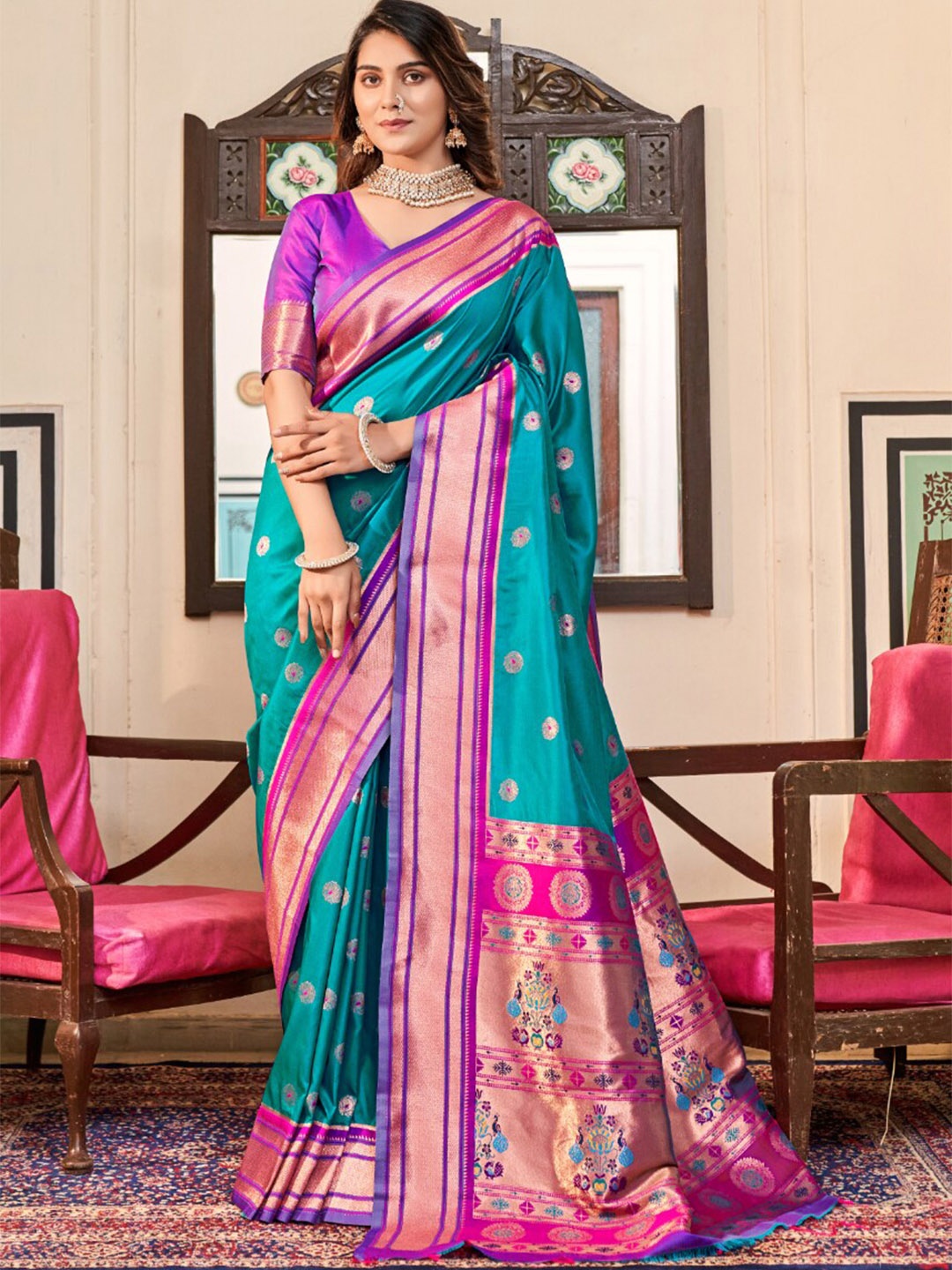 

NK Textiles Ethnic Motif Woven Design Paithani Saree, Blue