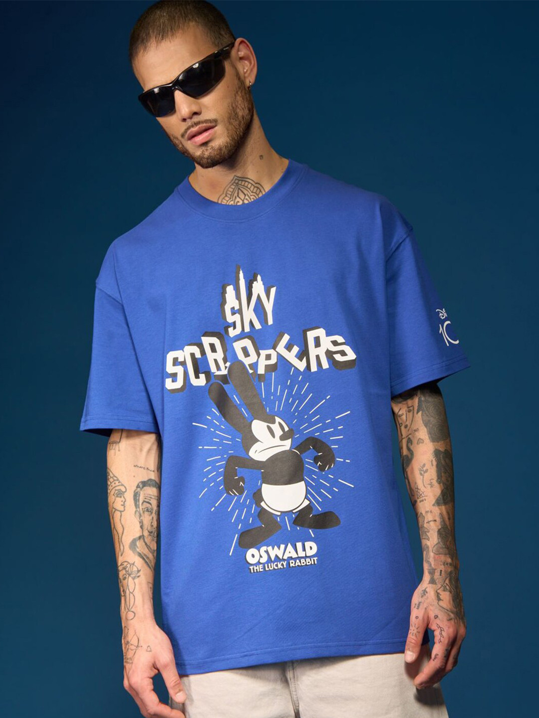 

Bonkers Corner Blue Sky Scrappers Printed Drop-Shoulder Sleeves Cotton Oversized T-shirt