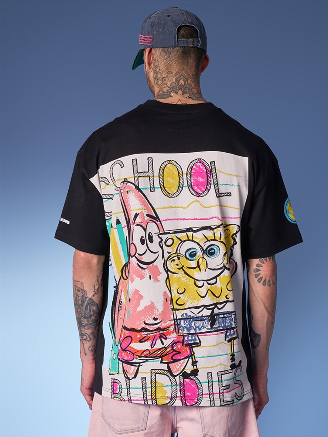 

Bonkers Corner Black Graphic Printed Drop-Shoulder Sleeves Cotton Oversized T-shirt