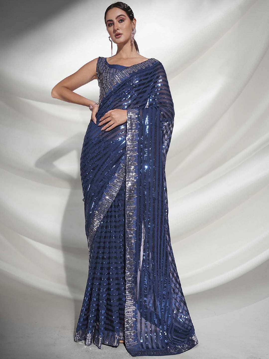 

Thishma Embroidered Sequinned Leheriya Saree, Turquoise blue
