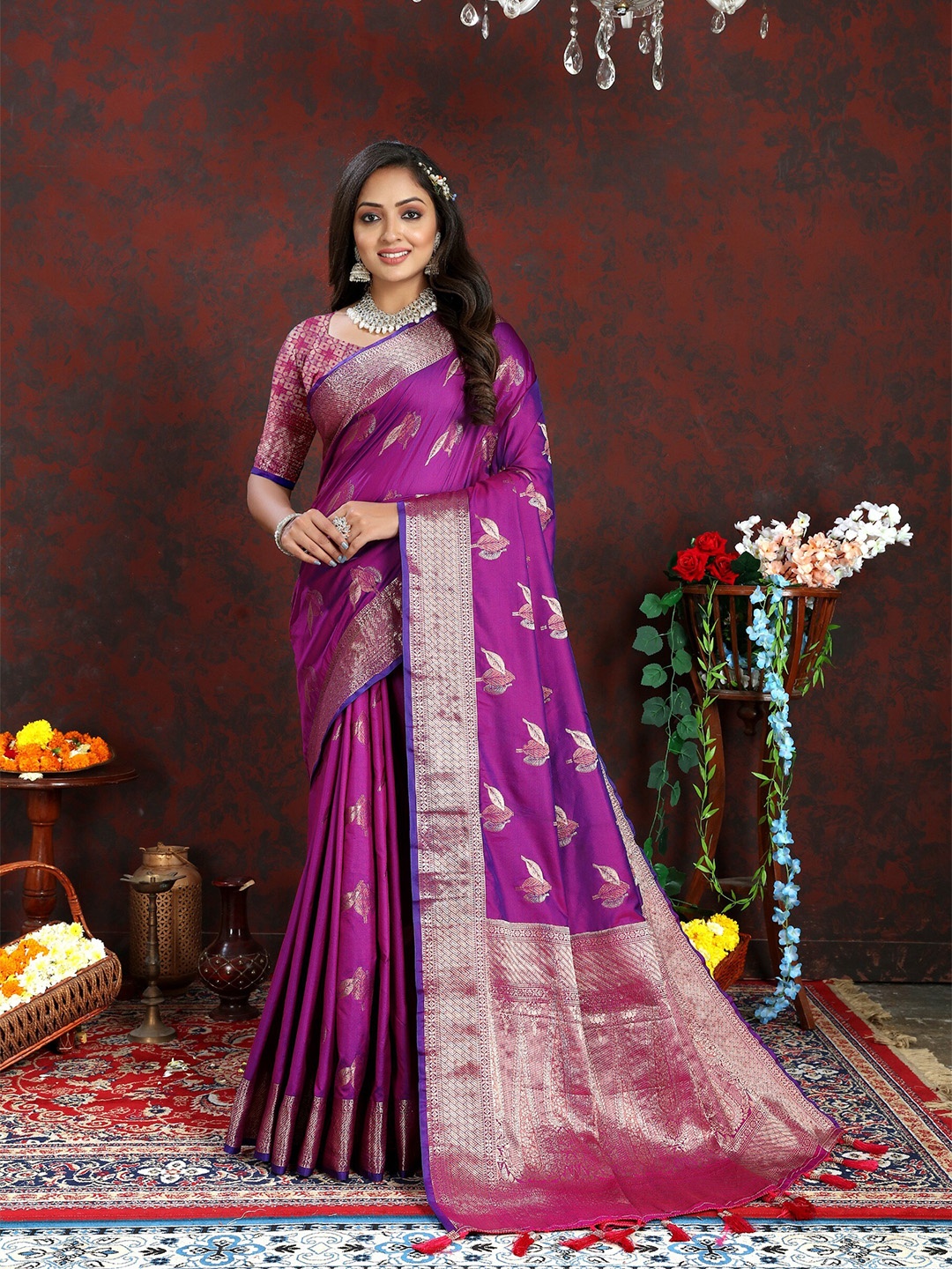 

bansari textiles Ethnic Motifs Woven Design Zari Designer Banarasi Saree, Purple
