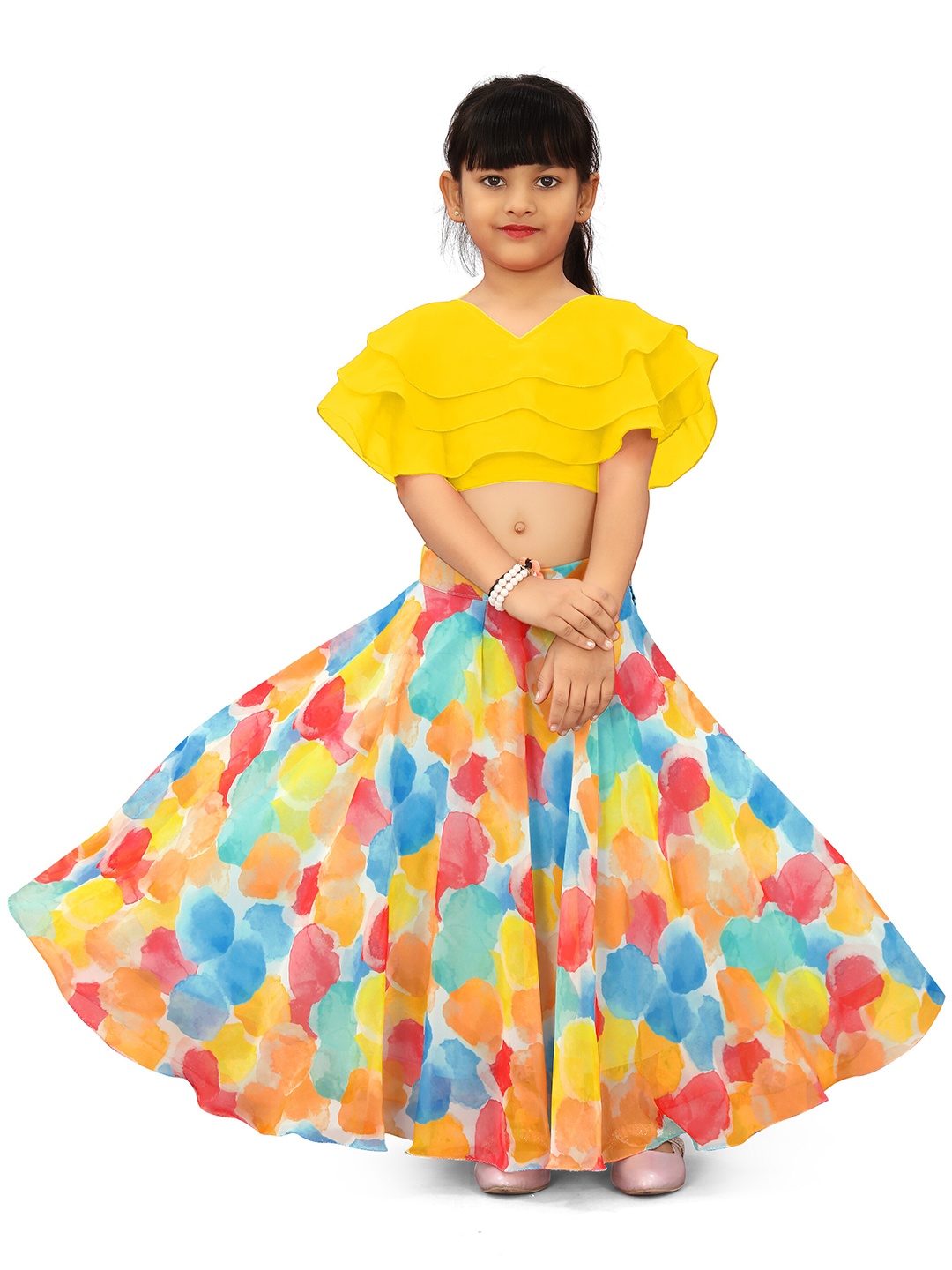 

BAESD Girls V-Neck Tie and Dye Ready to Wear Lehenga Choli, Yellow