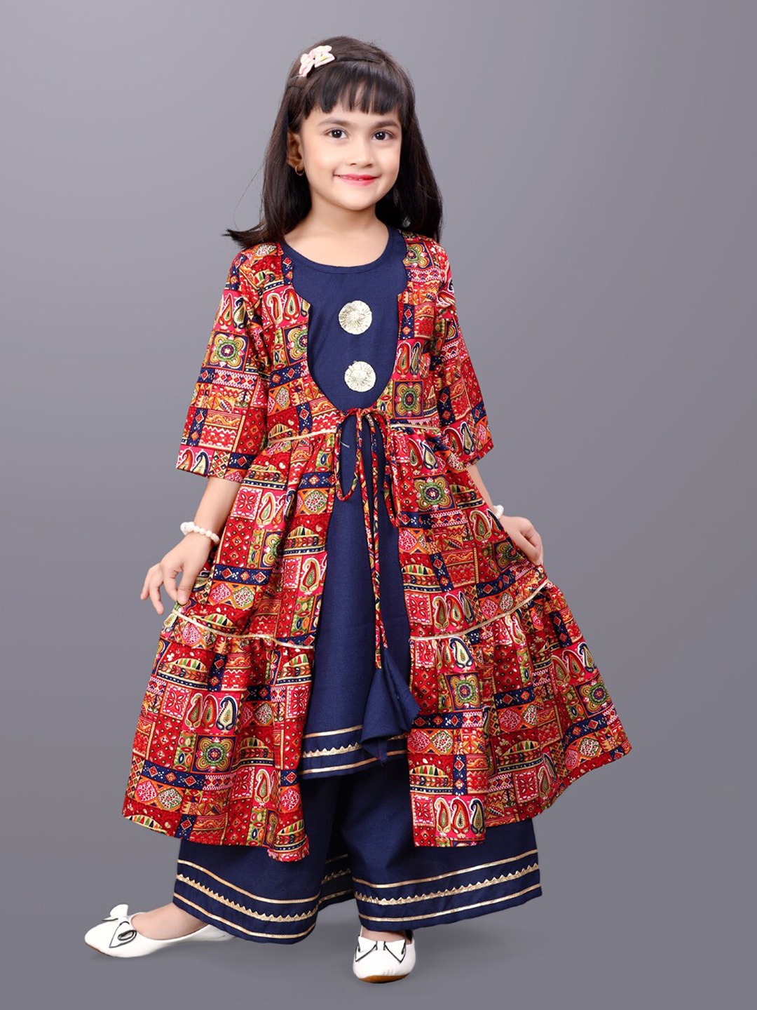 

BAESD Girls Round Neck Kurta with Palazzos & Jacket, Navy blue