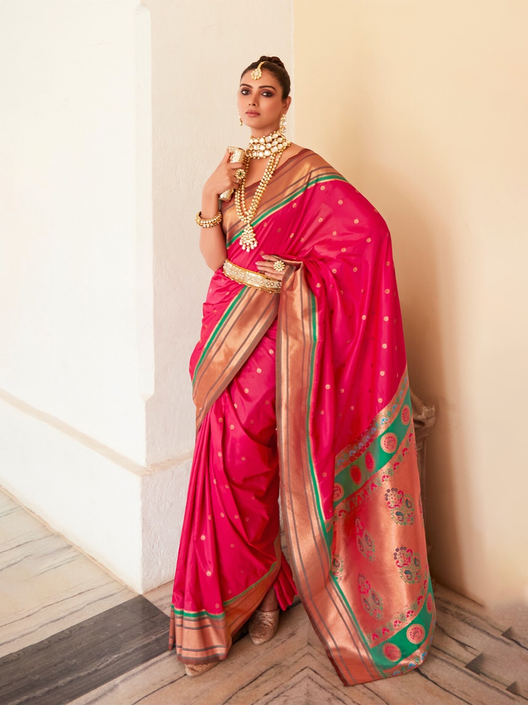 

NK Textiles Ethnic Motif Woven Design Paithani Saree, Pink