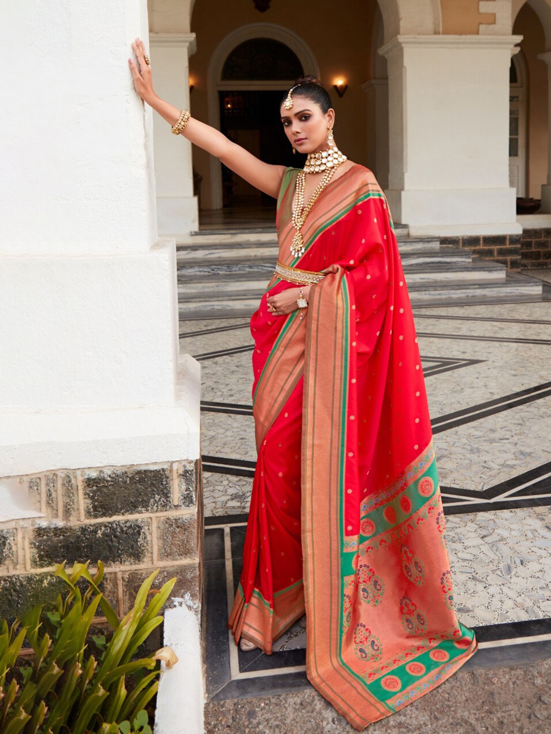 

NK Textiles Ethnic Motif Woven Design Paithani Saree, Red