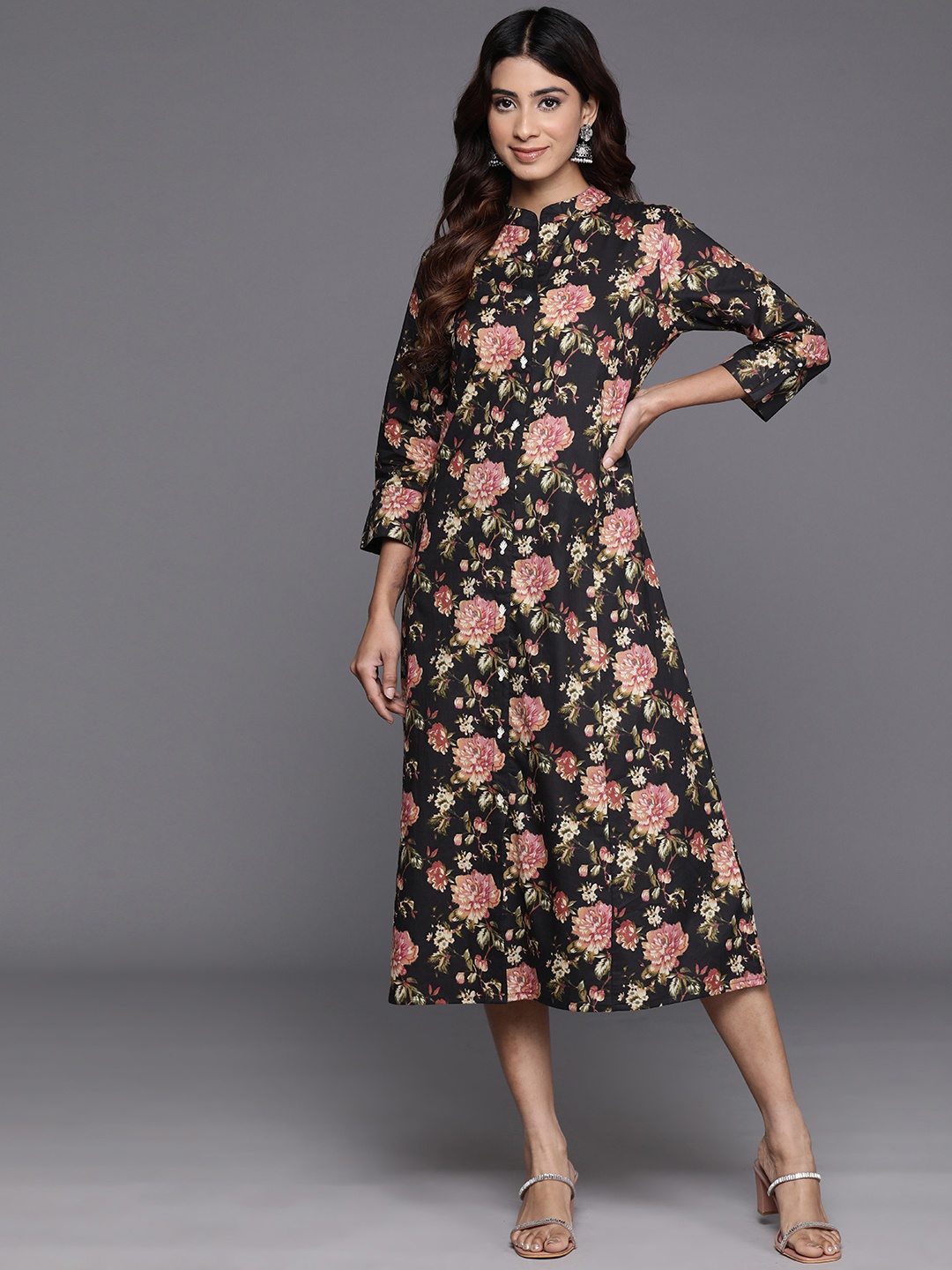 

Varanga Floral Printed A-Line Midi Dress, Black