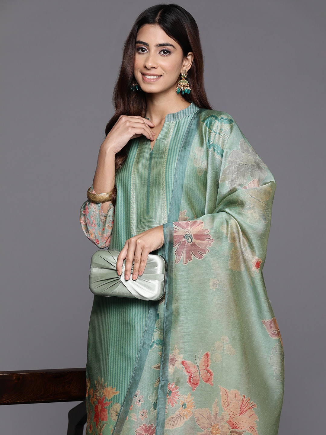 

Varanga Women Floral Printed Regular Chanderi Silk Kurta with Trousers & With Dupatta, Green
