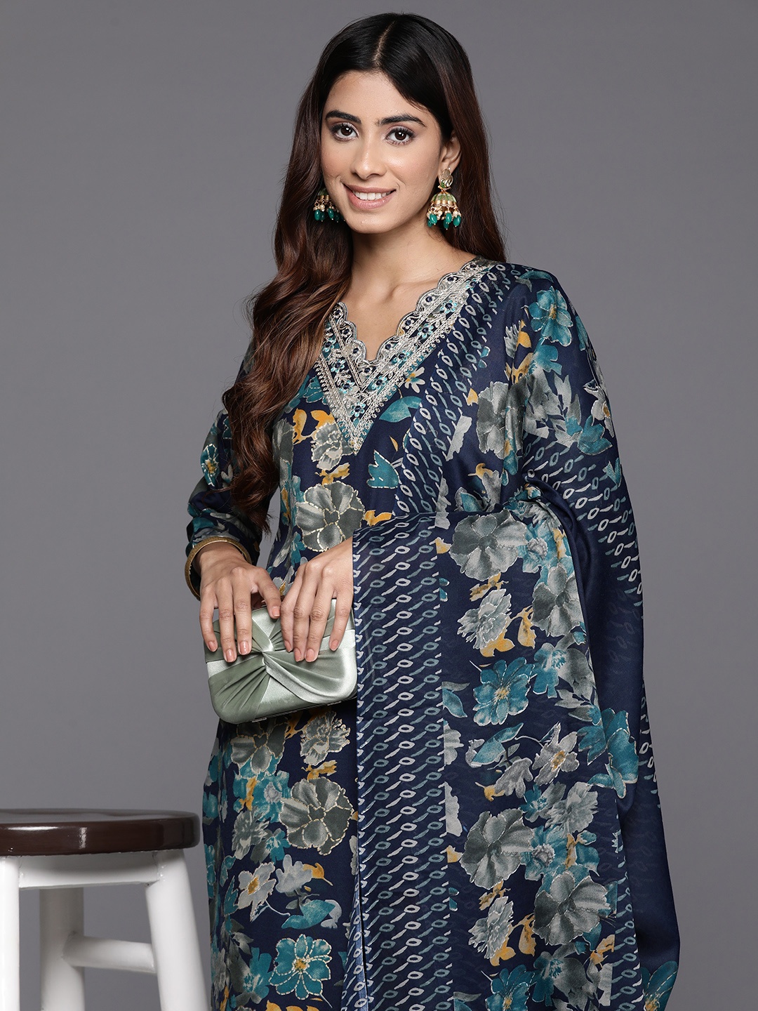 

Varanga Floral Printed Zari Embroidered Kurta with Trouser & Dupatta, Blue