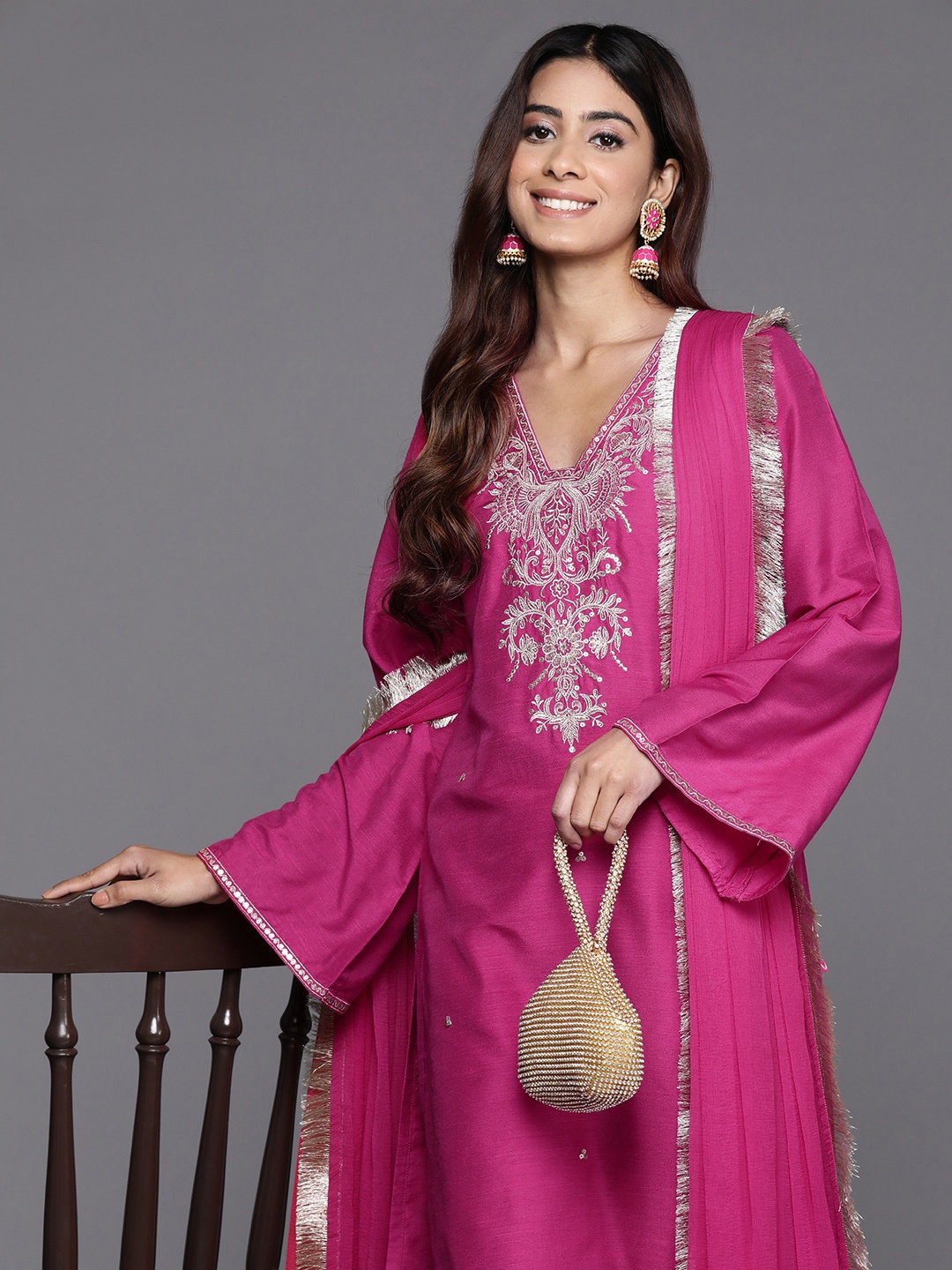 

Varanga Women Ethnic Motifs Embroidered Sequinned Kurta with Trousers & With Dupatta, Fuchsia