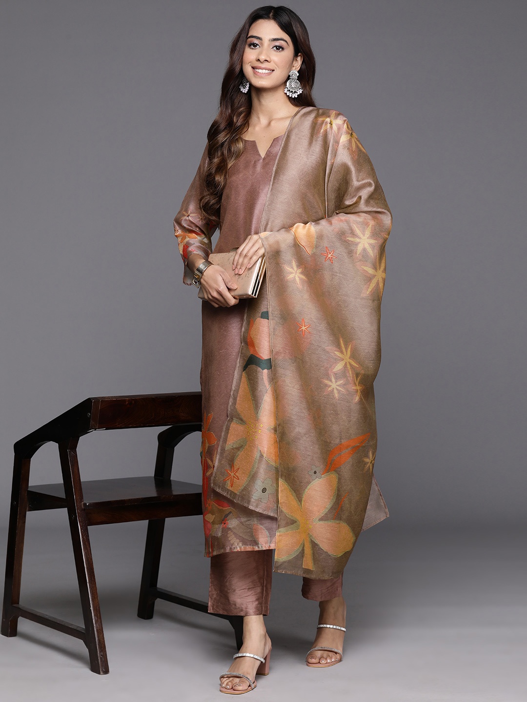 

Varanga Floral Printed Chanderi Silk Kurta with Trousers & Dupatta, Brown