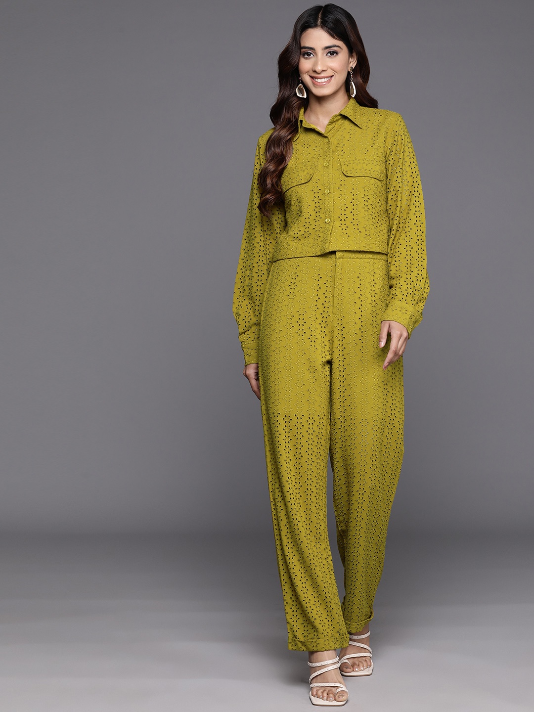 

Varanga Women Self Design Schiffli Co-Ords, Olive