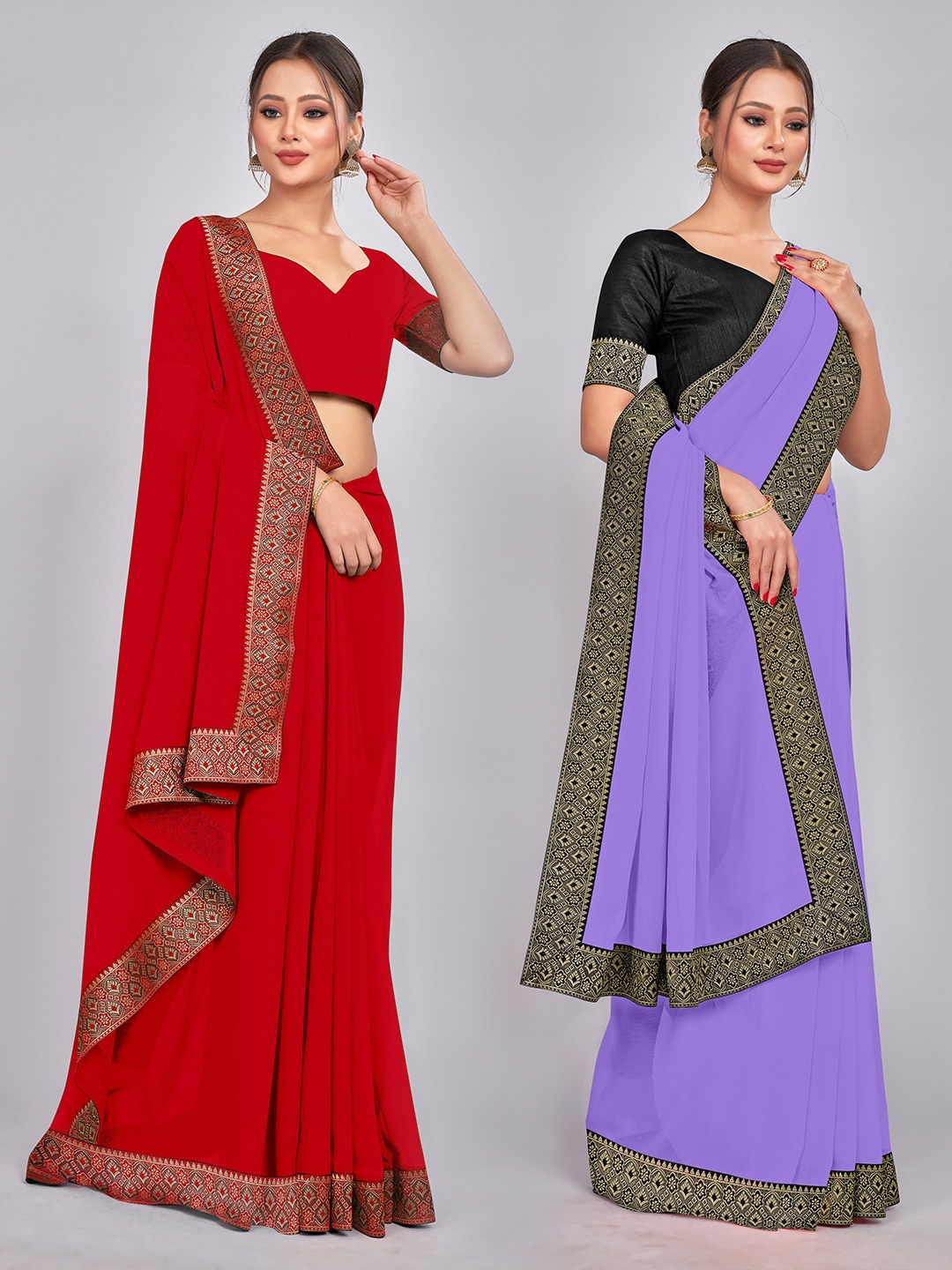 

CastilloFab Selection of 2 Zari Pure Georgette Saree, Red