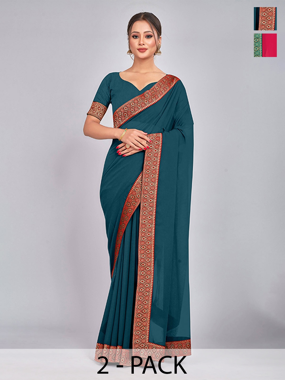 

CastilloFab Selection Of 2 Pure Georgette Lace Border Saree, Teal