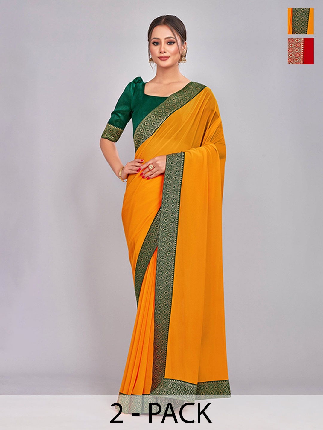 

CastilloFab Selection of 2 Pure Georgette Zari Lace Border Saree, Mustard