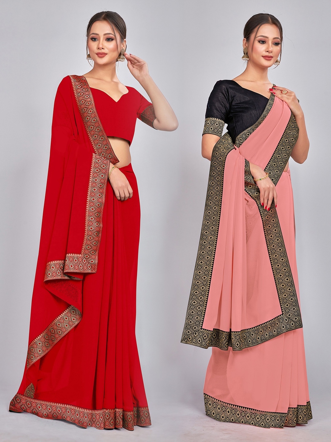 

CastilloFab Selection of 2 Zari Pure Georgette Saree, Red