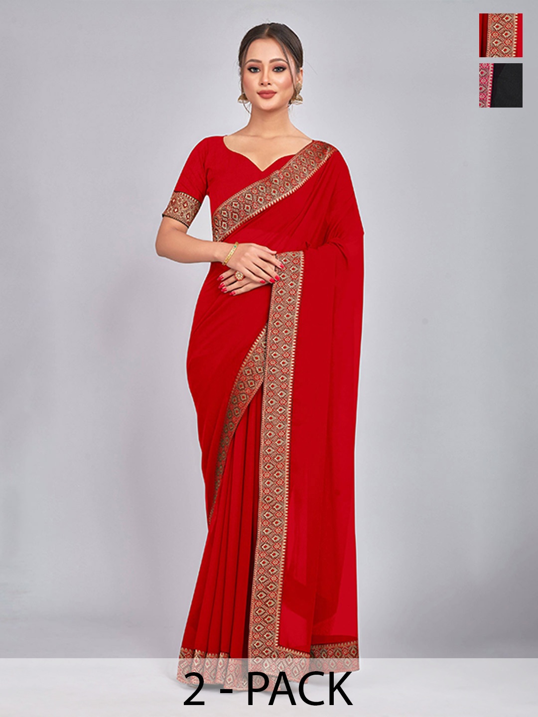 

CastilloFab Selection of 2 Pure Georgette Zari Lace Border Saree, Red