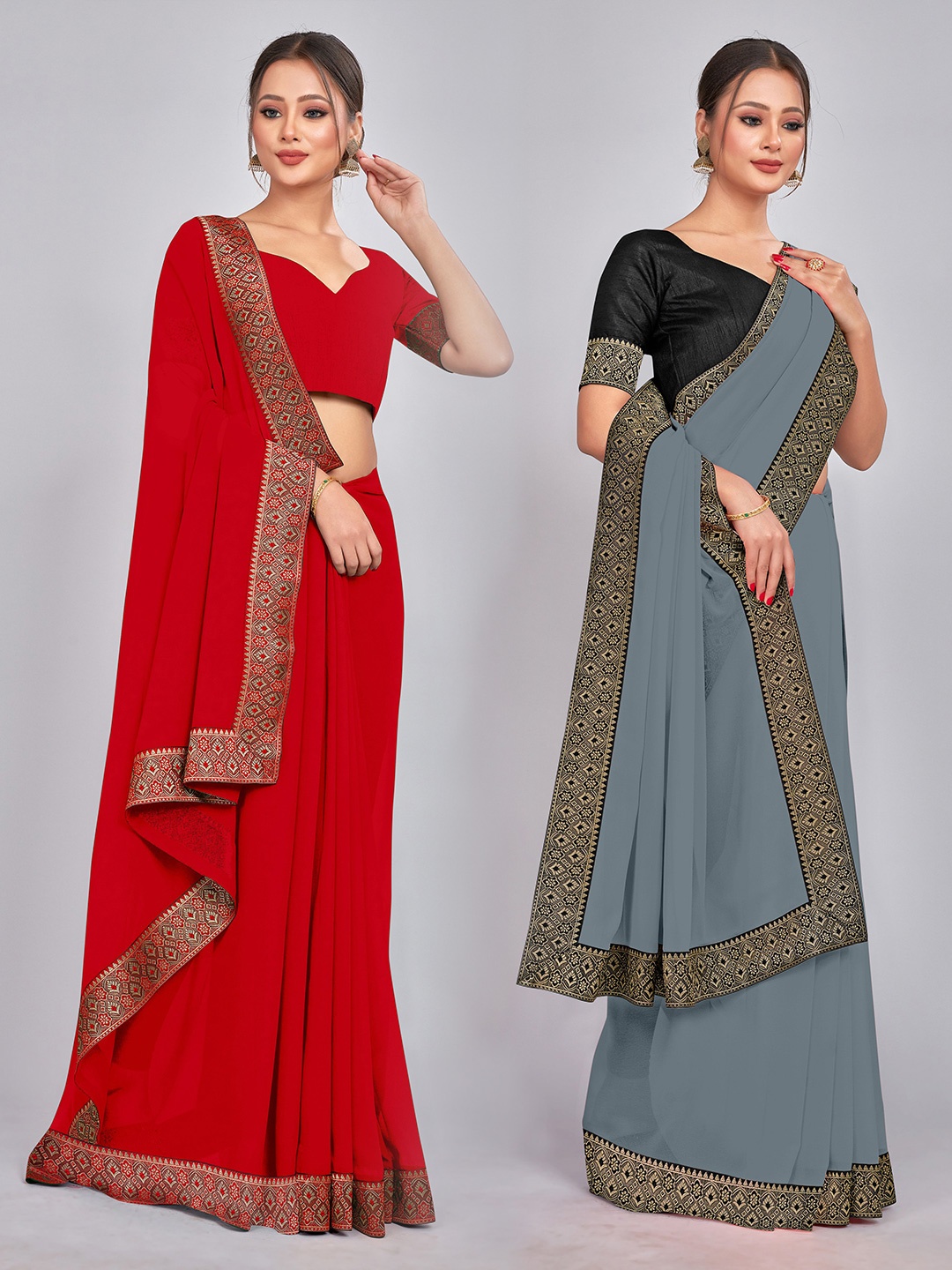 

CastilloFab Selection of 2 Zari Pure Georgette Saree, Red