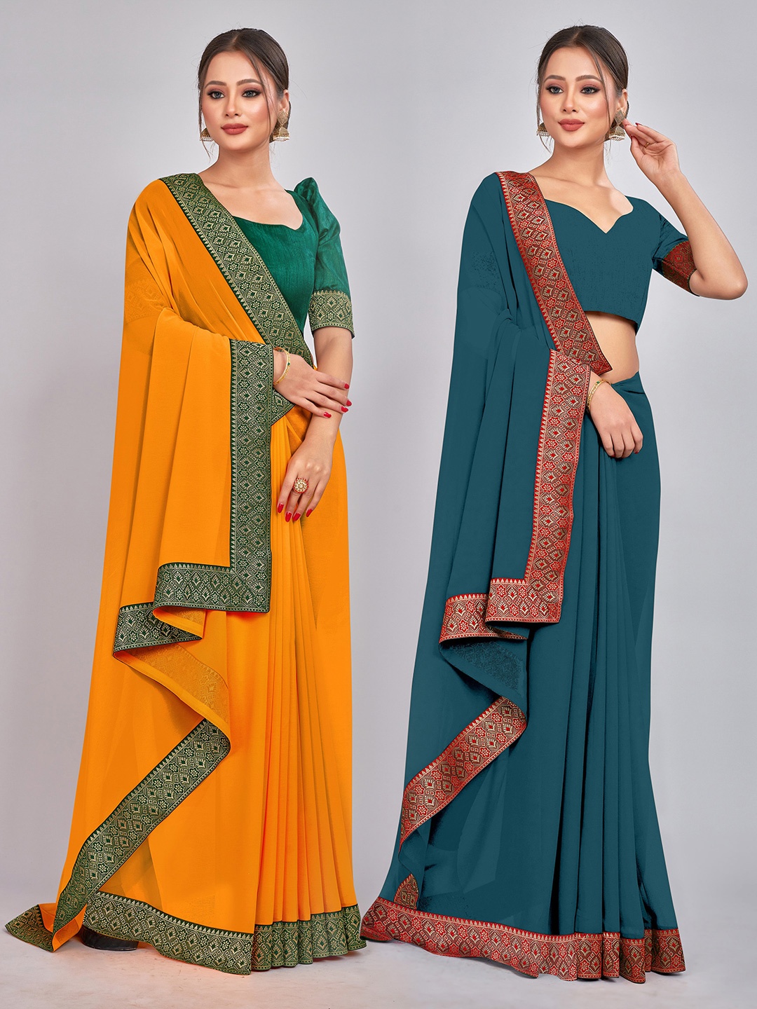 

CastilloFab Selection of 2 Zari Pure Georgette Saree, Mustard