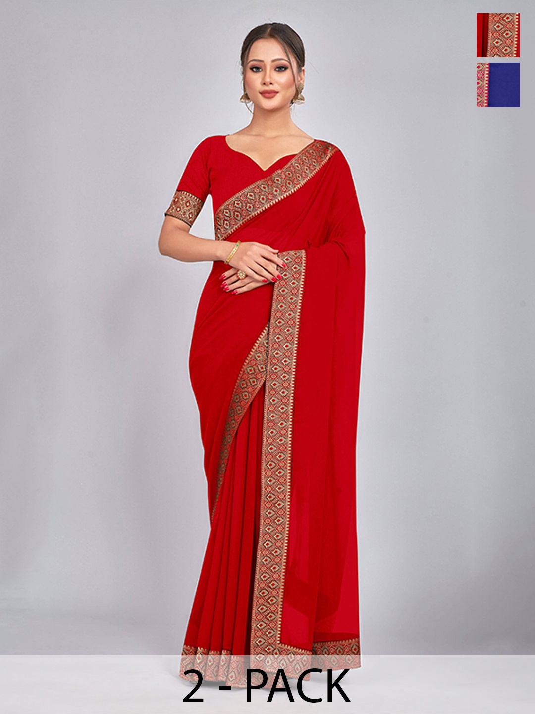 

CastilloFab Selection of 2 Pure Georgette Zari Lace Border Saree, Red