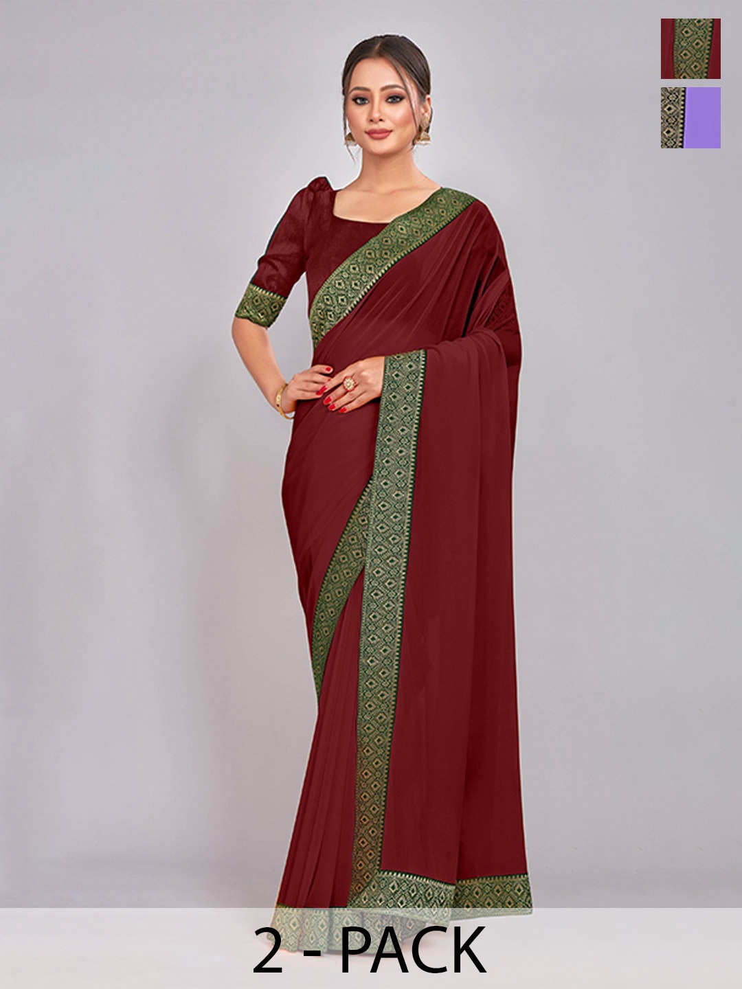 

CastilloFab Selection of 2 Pure Georgette Zari Lace Border Saree, Maroon