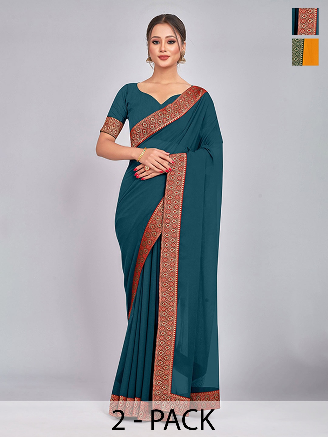 

CastilloFab Selection of 2 Pure Georgette Zari Lace Border Saree, Teal