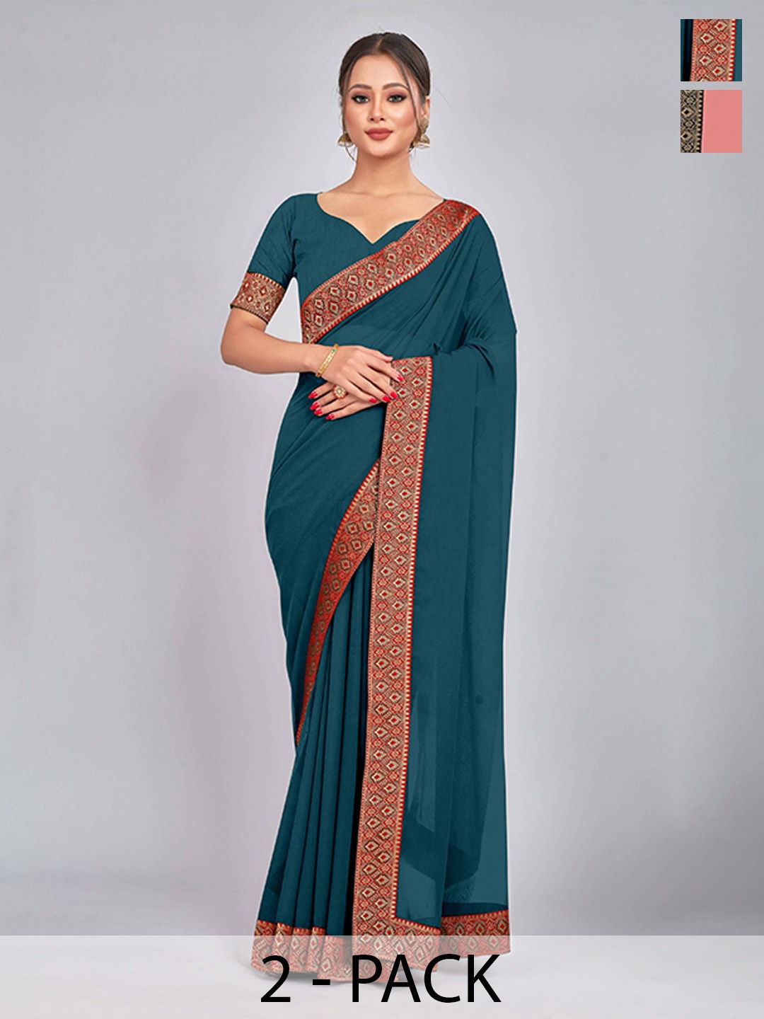 

CastilloFab Selection Of 2 Pure Georgette Lace Border Saree, Teal