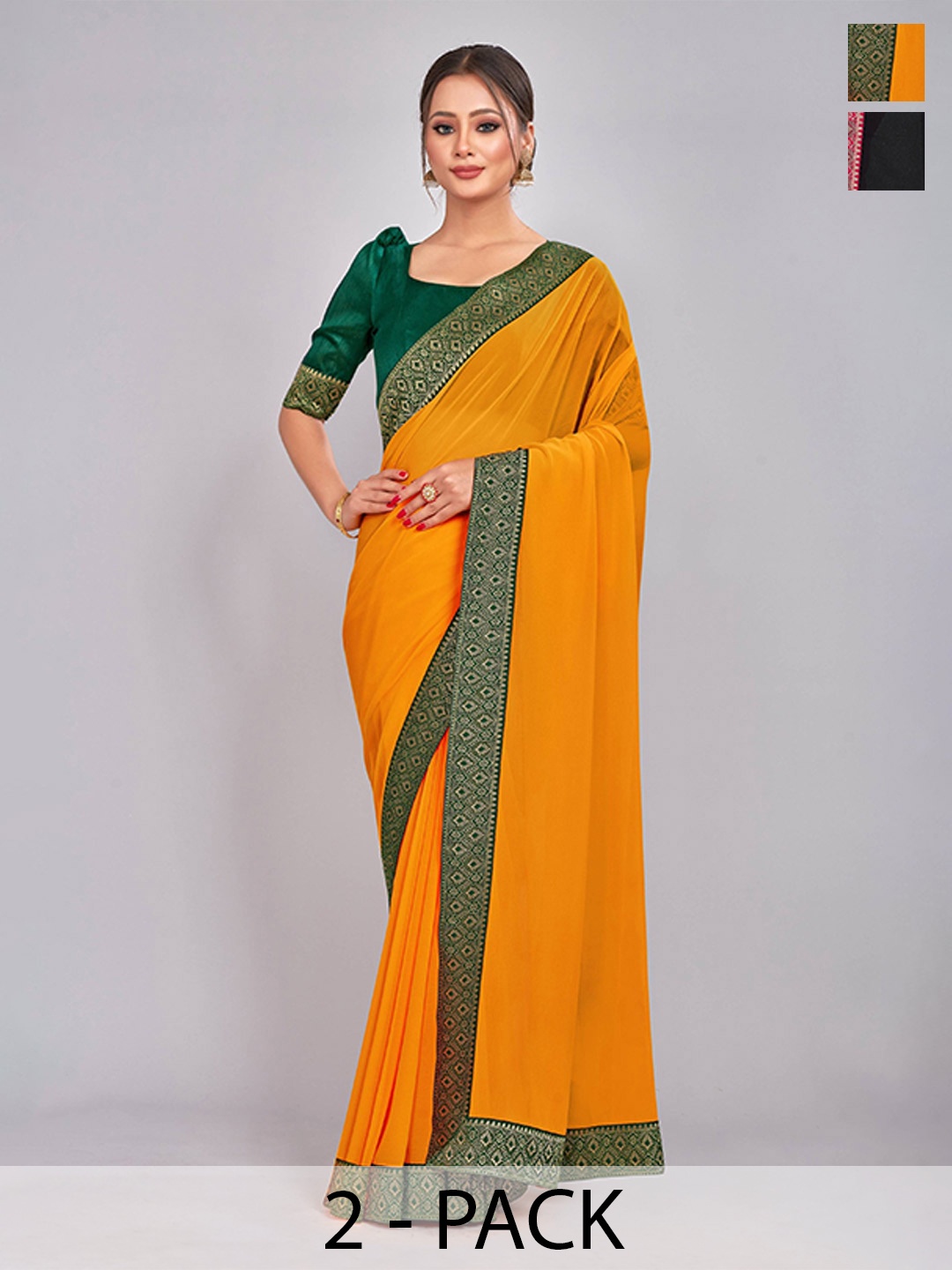 

CastilloFab Selection Of 2 Pure Georgette Lace Border Saree, Mustard