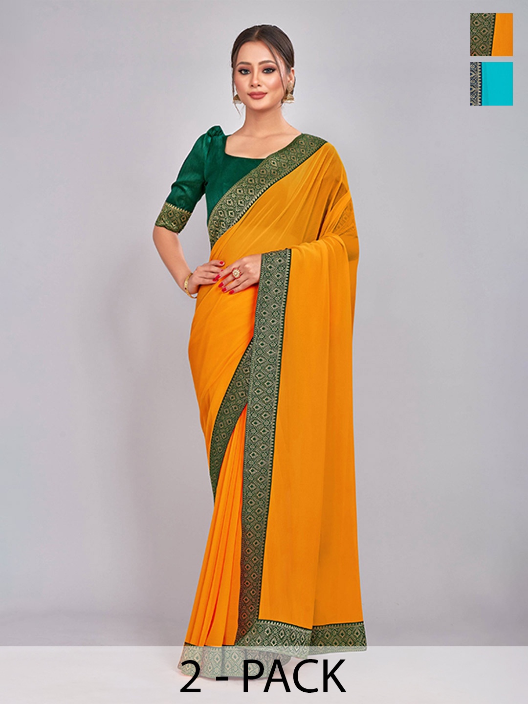 

CastilloFab Selection of 2 Pure Georgette Zari Lace Border Saree, Mustard