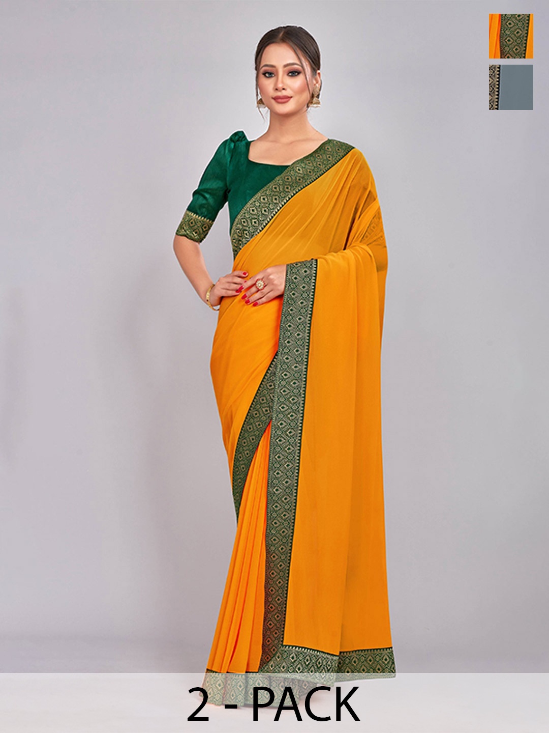 

CastilloFab Selection Of 2 Pure Georgette Lace Border Saree, Mustard