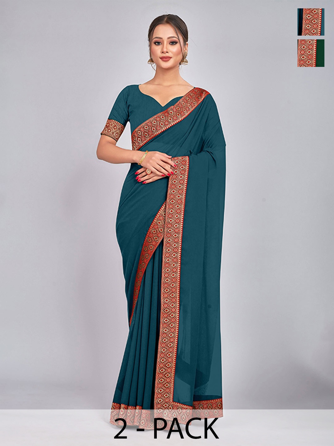 CastilloFab Selection of 2 Pure Georgette Zari Lace Border Saree, Teal