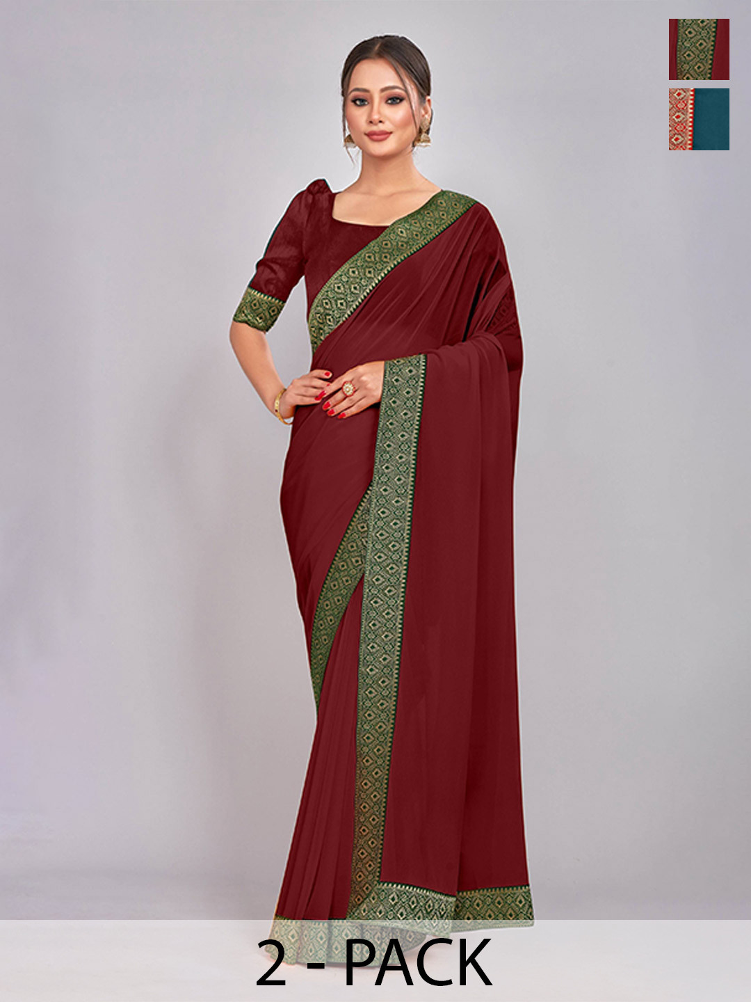 

CastilloFab Selection of 2 Pure Georgette Zari Lace Border Saree, Maroon