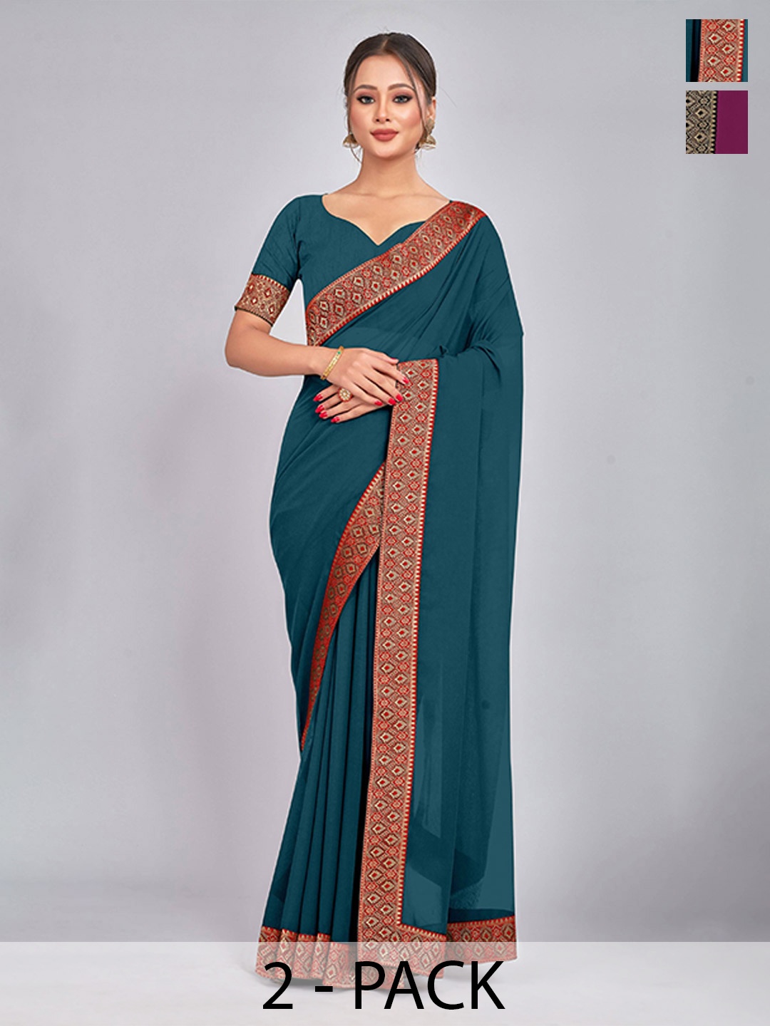 

CastilloFab Selection Of 2 Zari Pure Georgette Lace Border Saree, Teal