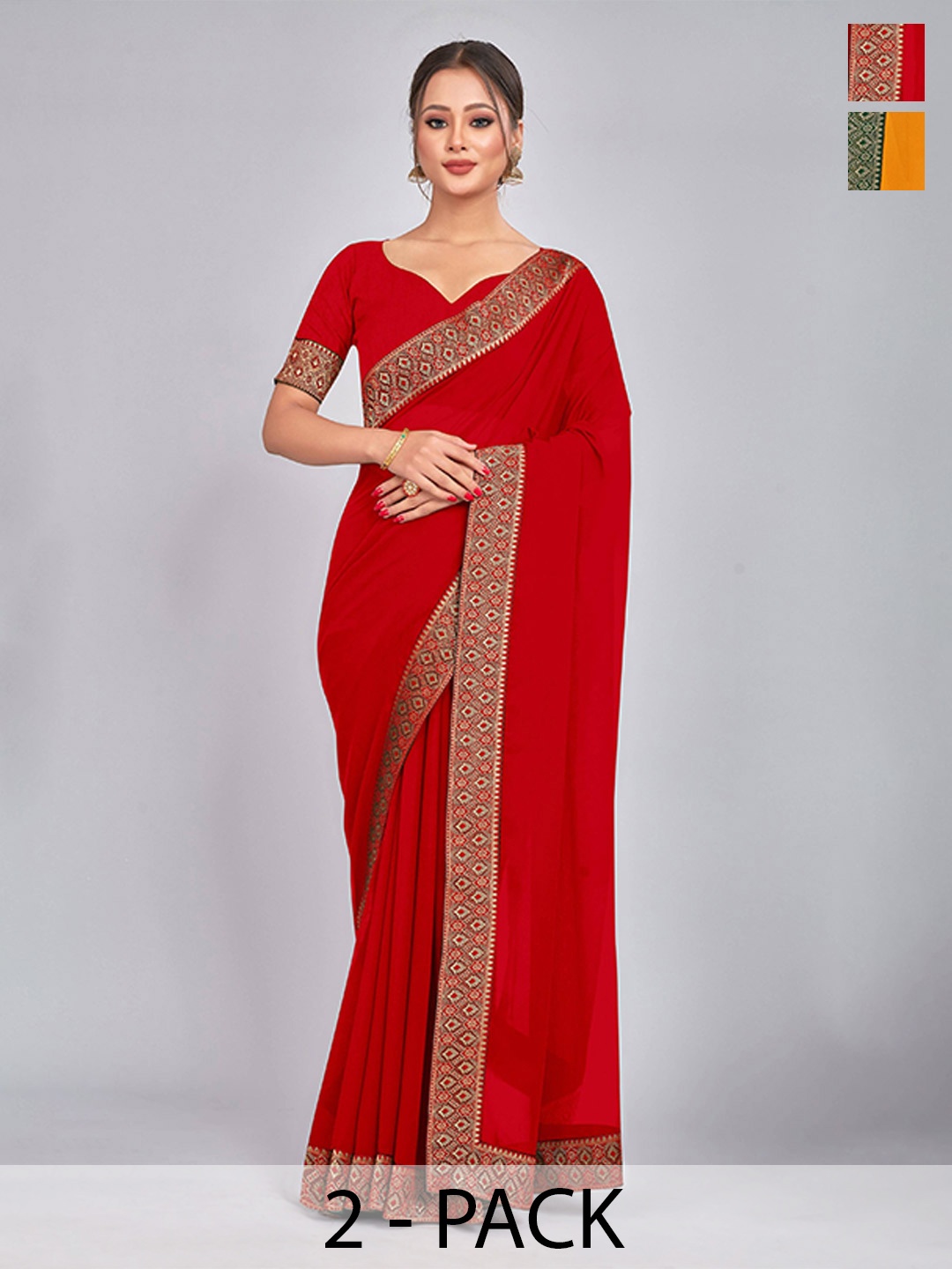 

CastilloFab Selection Of 2 Pure Georgette Lace Border Saree, Red