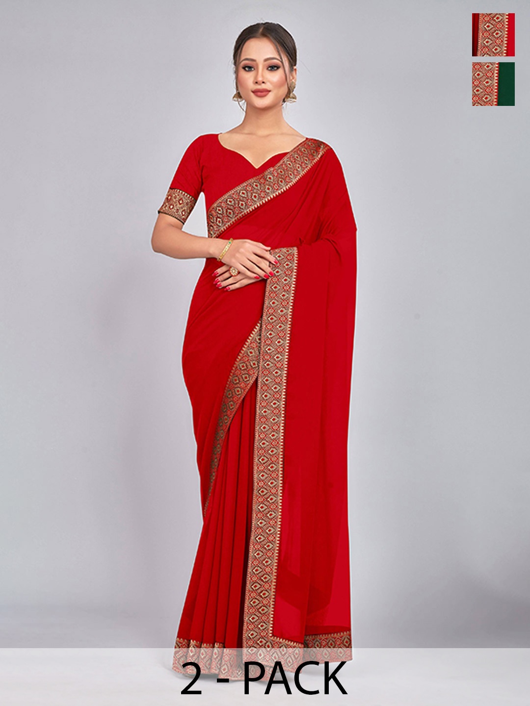 

CastilloFab Selection of 2 Pure Georgette Lace Border Saree, Red