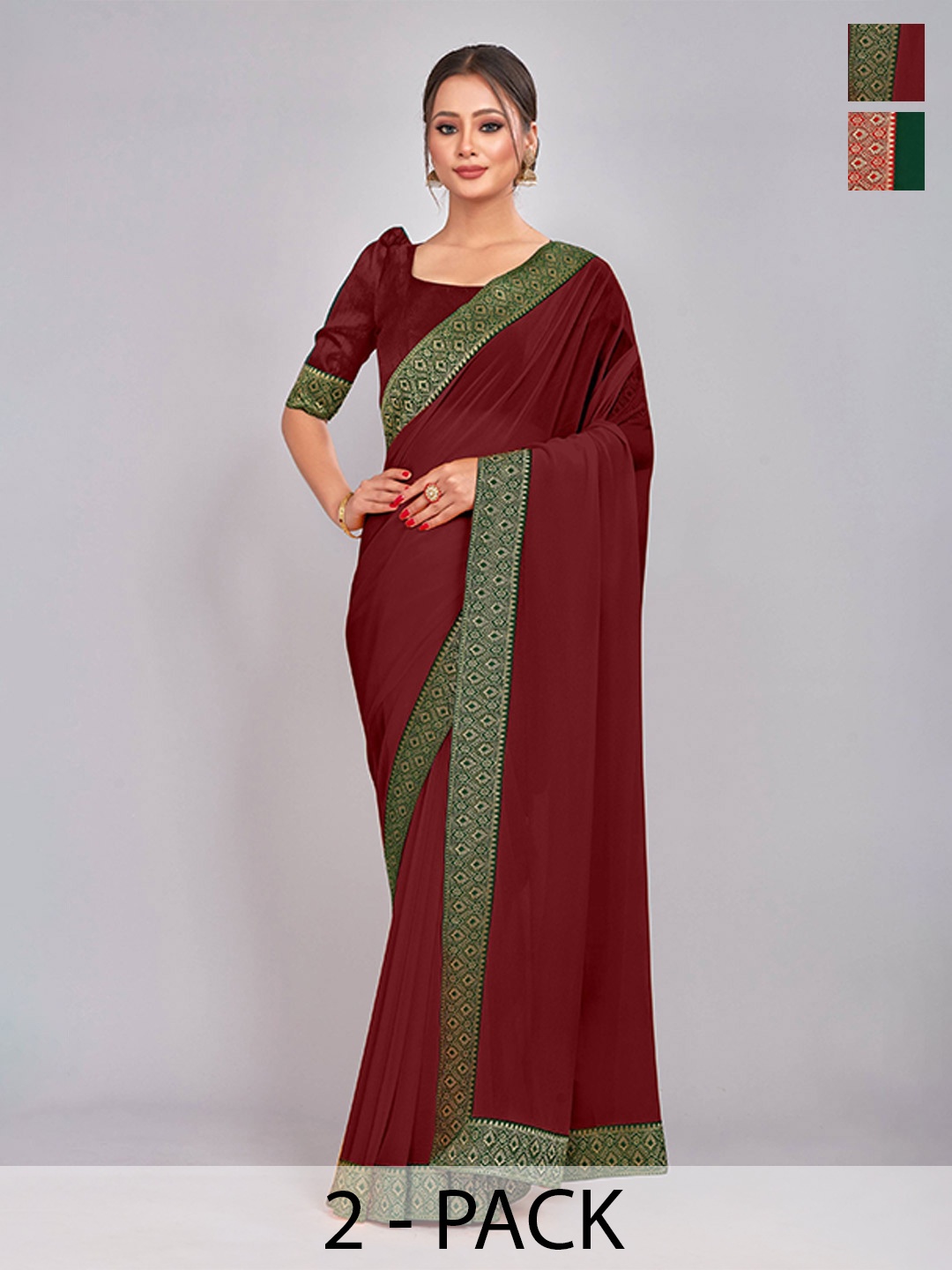 

CastilloFab Selection Of 2 Zari Pure Georgette Lace Border Saree, Maroon