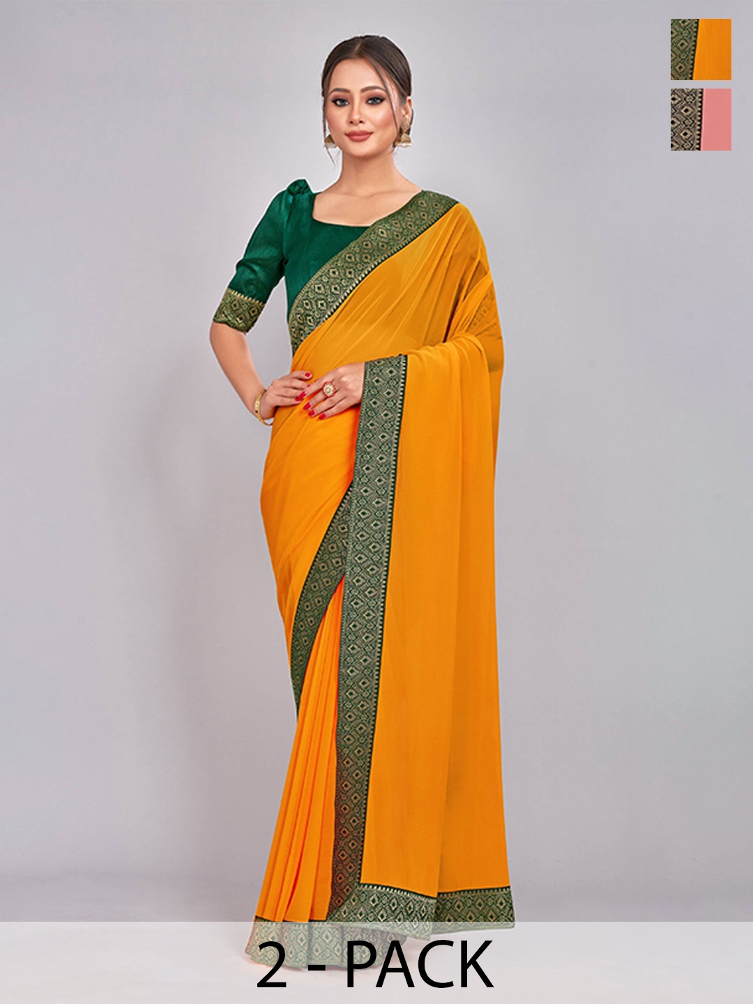 

CastilloFab Selection of 2 Pure Georgette Zari Lace Border Saree, Mustard