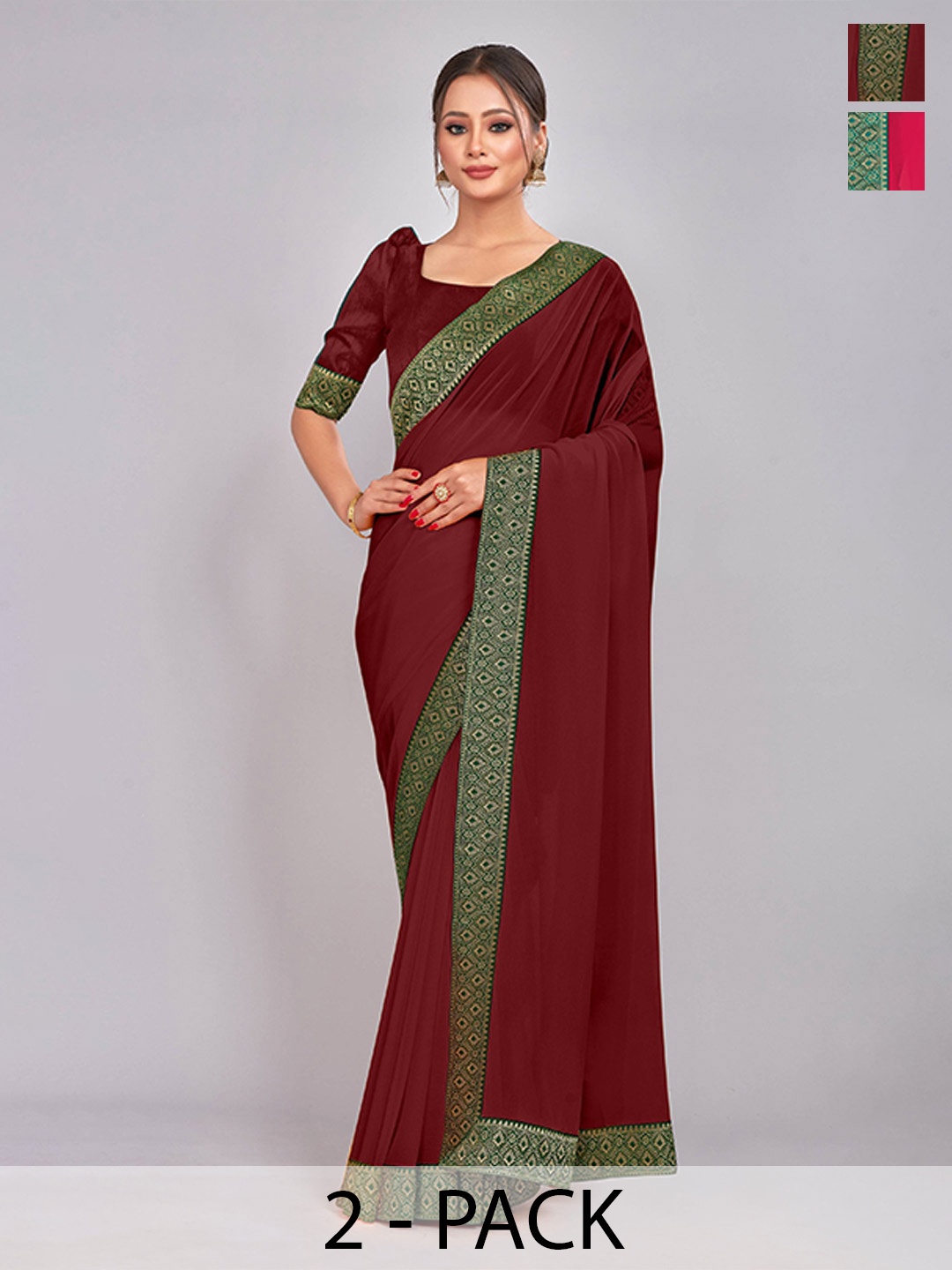 

CastilloFab Selection Of 2 Pure Georgette Lace Border Saree, Maroon
